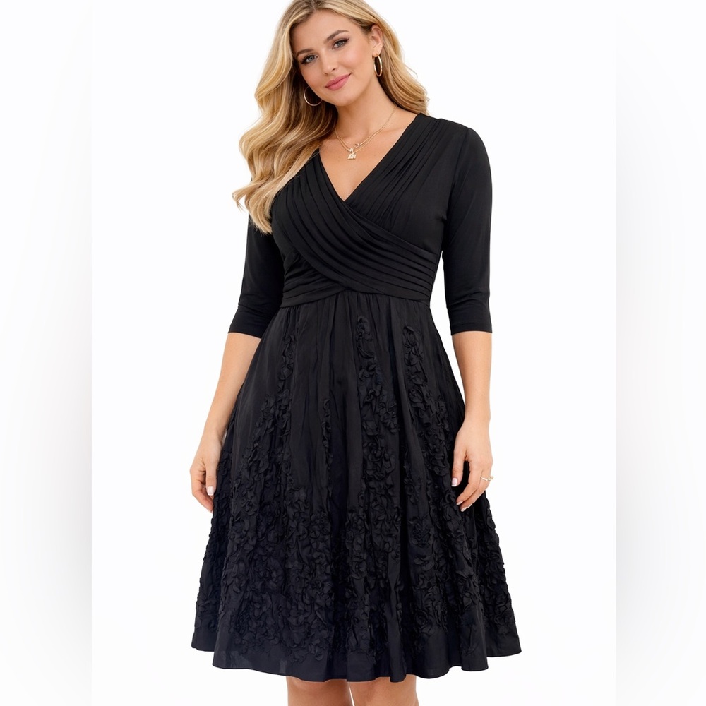 Adrianna Papell faux‎ wrap Black 3/4 Sleeve Dress 6